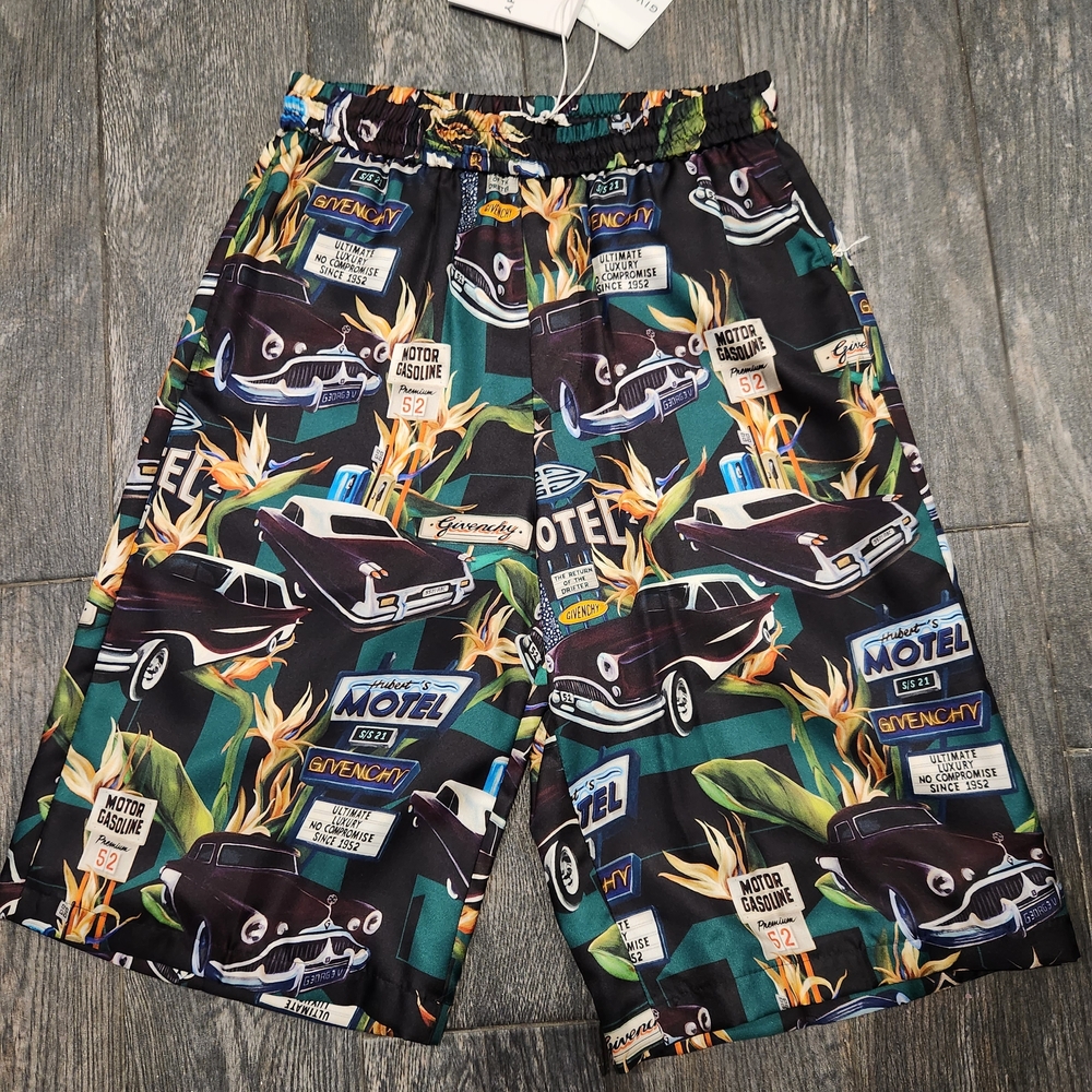 Givenchy Graphic Car Print Silk Shorts